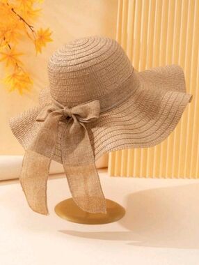 Khaki Raffia Woven Wide Brim Foldable Sun Hat with Bow